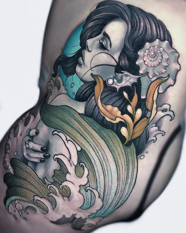 Illustrative Mermaid, Waves tattoo on Shoulder Blade