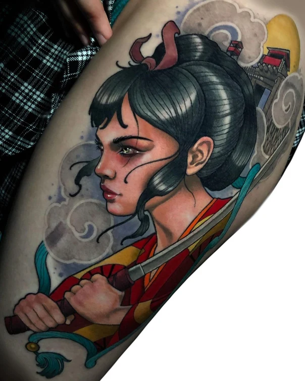 Illustrative Woman, Sword tattoo on Thigh