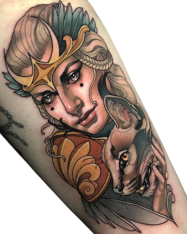 Neo Traditional Woman, Animal tattoo on Forearm