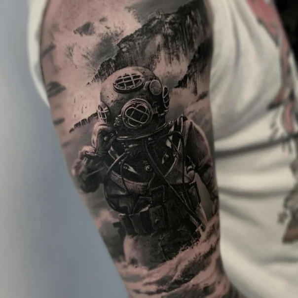 Realism Diver, Ocean tattoo on Full Sleeve