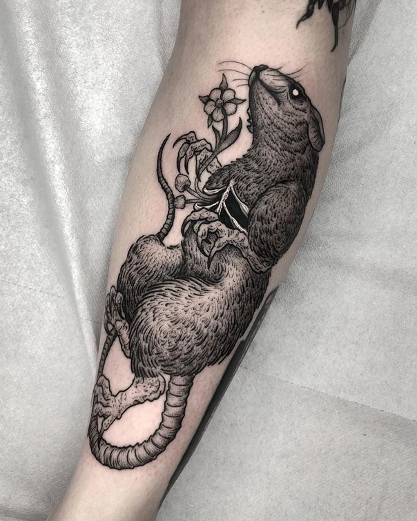 Blackwork Rat, Flower tattoo on Calf