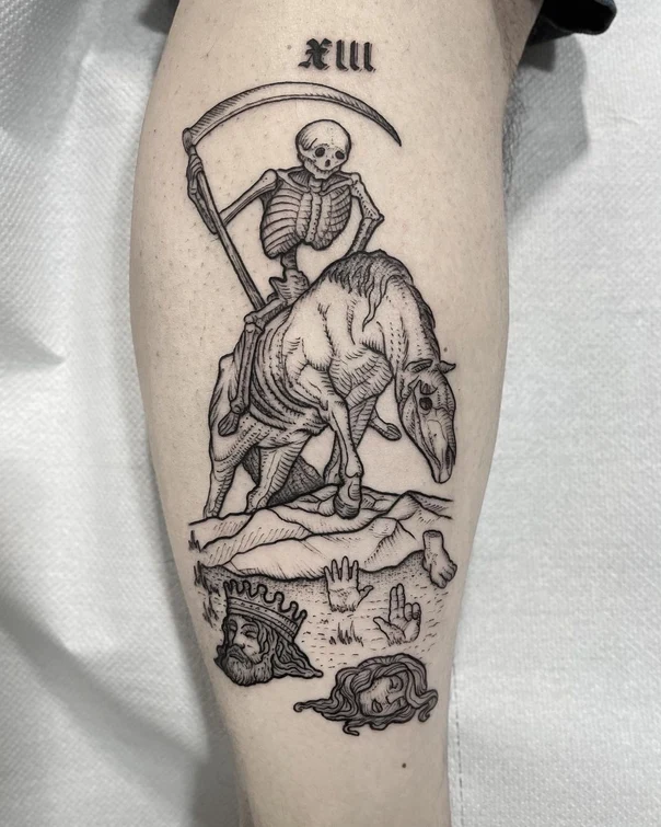 Blackwork Skeleton, Horse tattoo on Calf