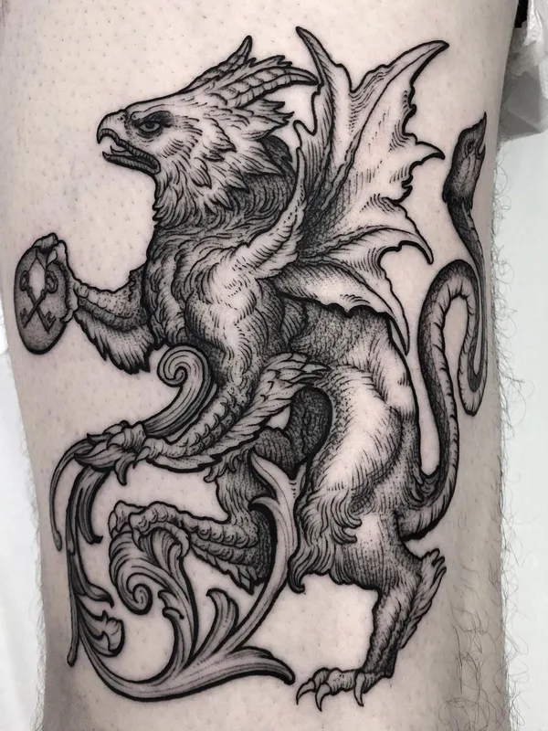 black and grey engraving tatuaje en thigh #40384 | Tatuador Luca Cospito
