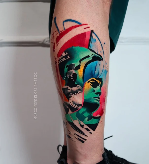 Abstract Statue, Dolphin tattoo on Calf