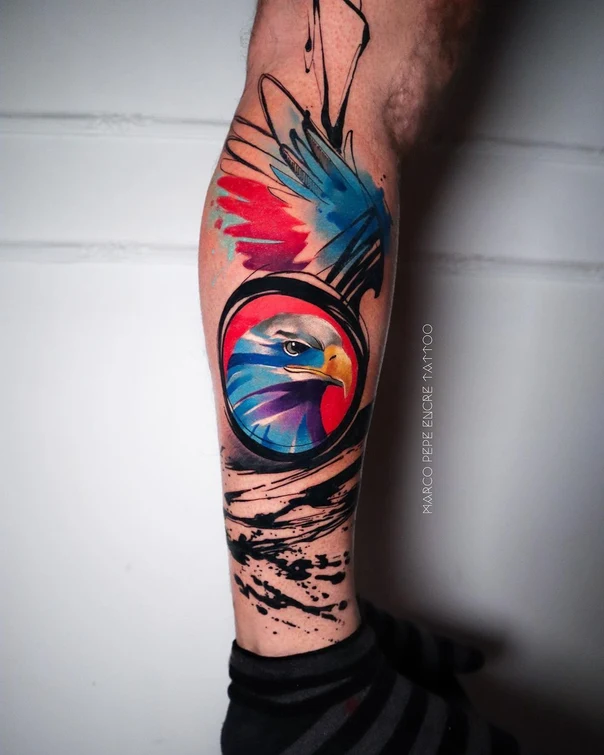 Watercolor Eagle, Wings tattoo on Calf