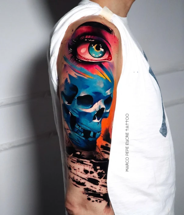 Watercolor Skull, Eye tattoo on Full Sleeve
