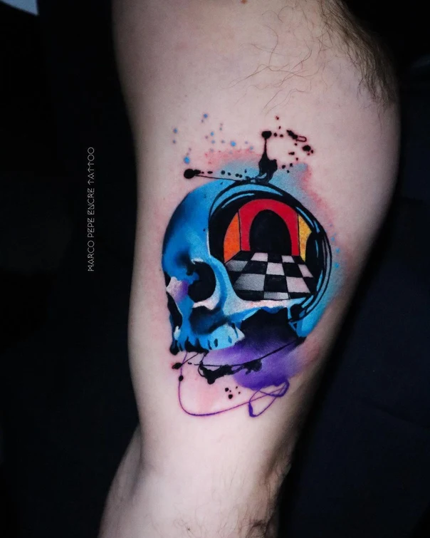 Surrealism Skull, Geometric tattoo on Thigh