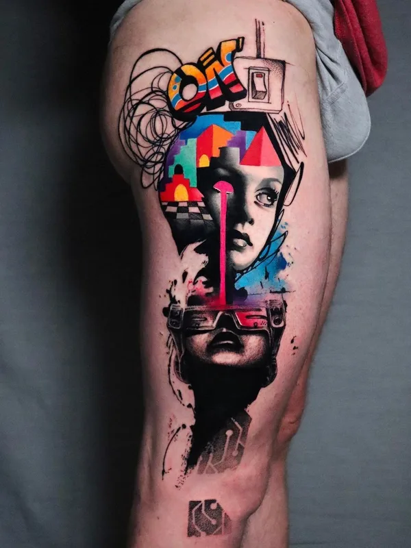 color illustrative 纹身 在 thigh #40403 | 纹身师 Marco Pepe