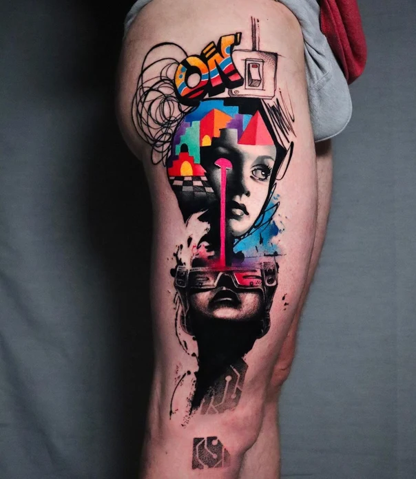 Illustrative Face, Abstract tattoo on Thigh