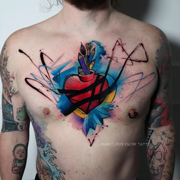 Watercolor Heart, Art supplies tattoo on Chest