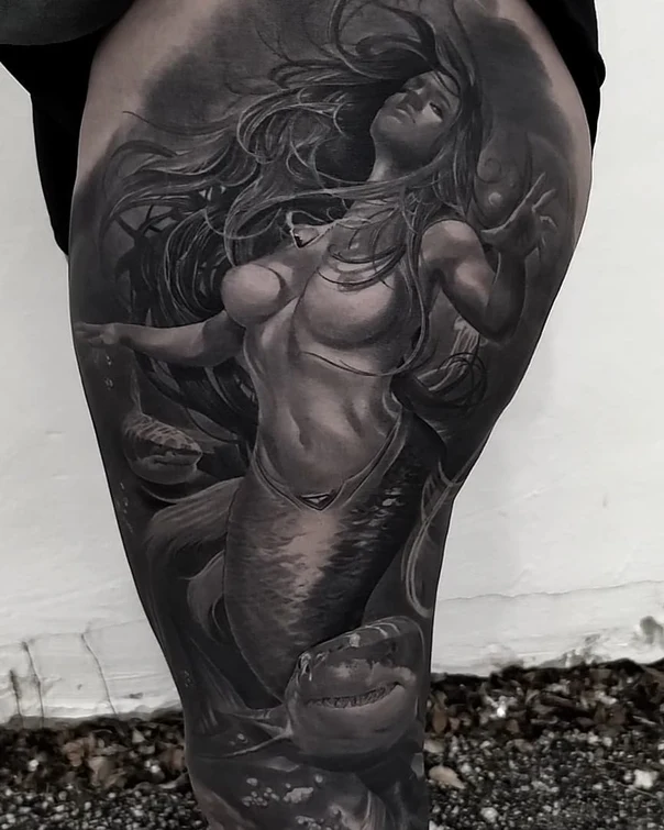 Realism Mermaid, Shark tattoo on Thigh