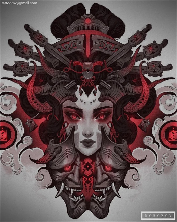 Японская Geisha, Oni tattoo на Спина (полная)