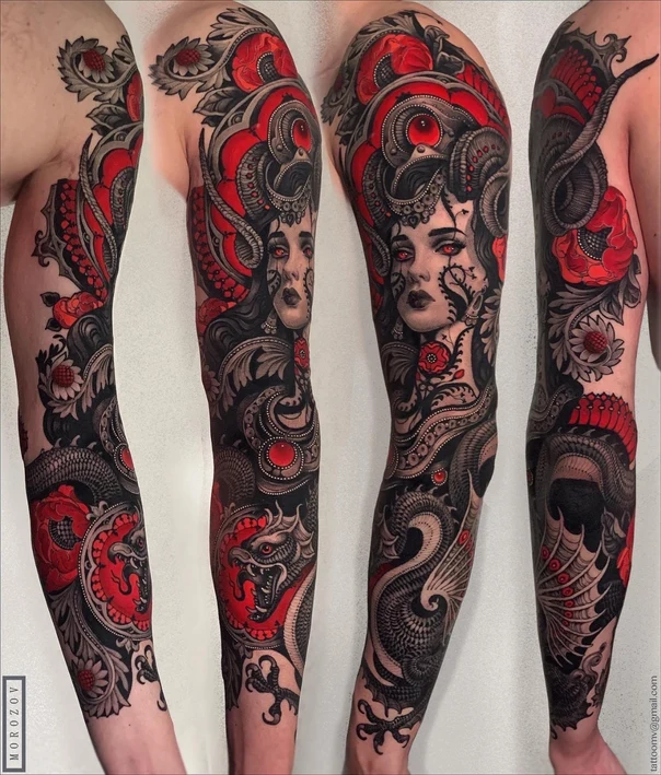 Нео-традиционная Woman, Dragon tattoo на Полный рукав