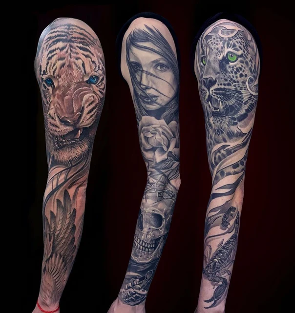 Realism Tiger, Woman tattoo on Full Sleeve