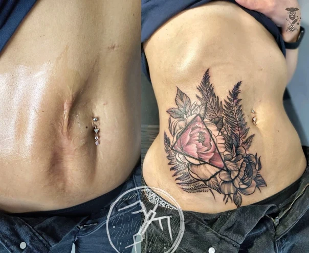 Ботаническая Rose, Fern tattoo на Живот