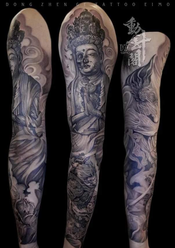 Black & Grey Buddha, Dragon tattoo on Full Sleeve