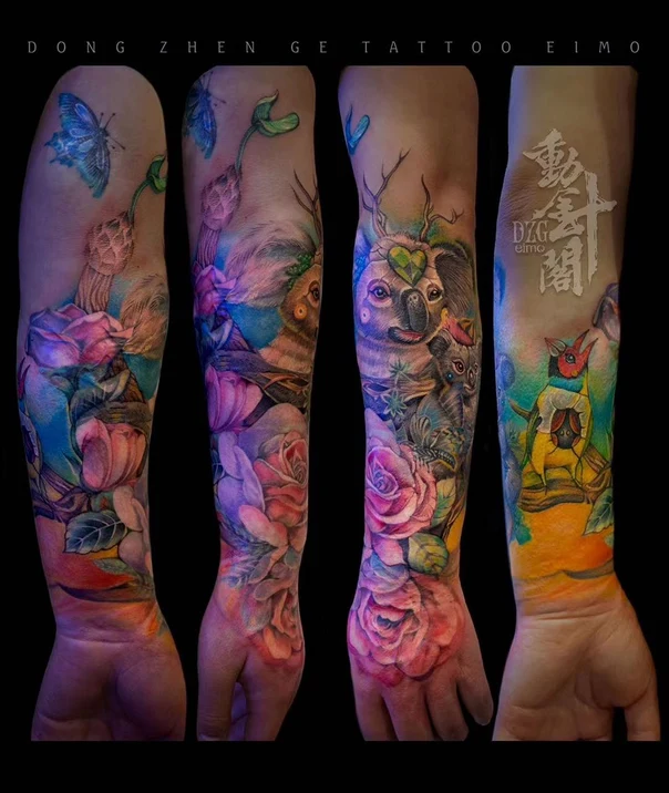 Illustrative Flowers, Koala tattoo on Full Sleeve