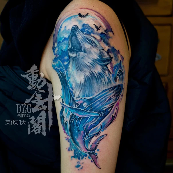 Watercolor Wolf, Whale tattoo on Shoulder
