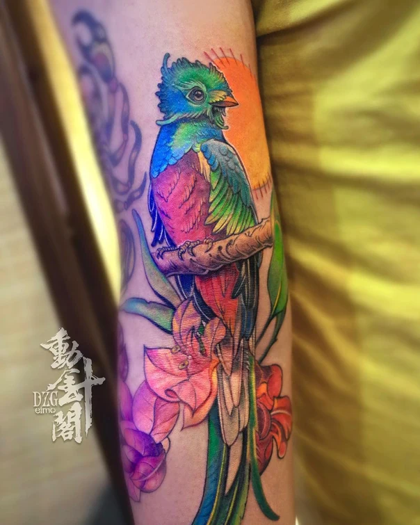 Illustrative Bird, Flowers tattoo on Forearm