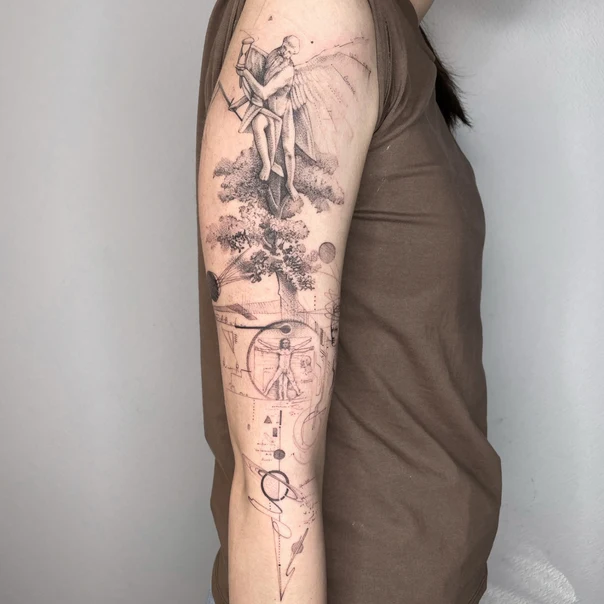 Скетч / Набросочная Angel, Tree tattoo на Полный рукав