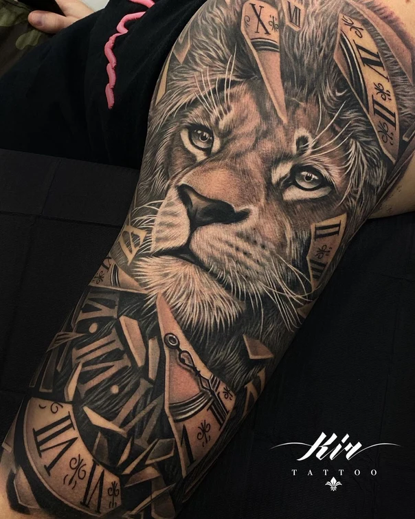 Realism Lion, Clock tattoo on Full Sleeve