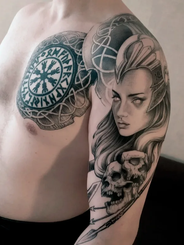 male black and grey black and grey 纹身 在 full sleeve #55192 | 纹身师 Oleg Tort