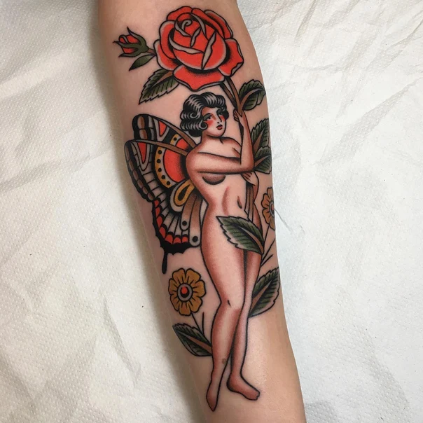 Neo Traditional Rose, Butterfly tattoo on Forearm