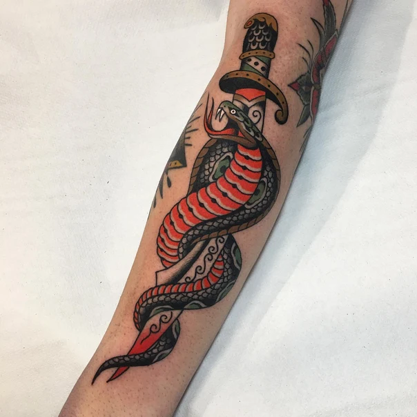 Traditional Snake, Dagger tattoo on Forearm
