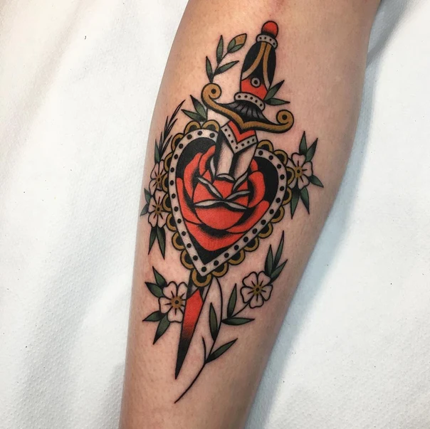 Traditional Heart, Dagger tattoo on Calf