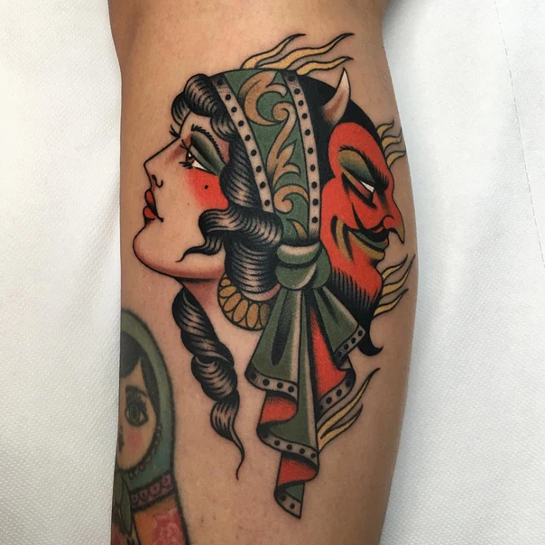 Traditional Woman, Devil tattoo on Calf