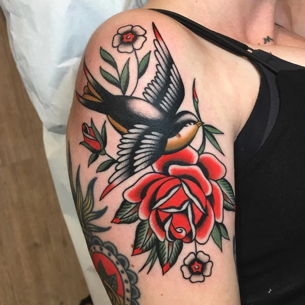 Traditional Bird, Rose tattoo on Shoulder