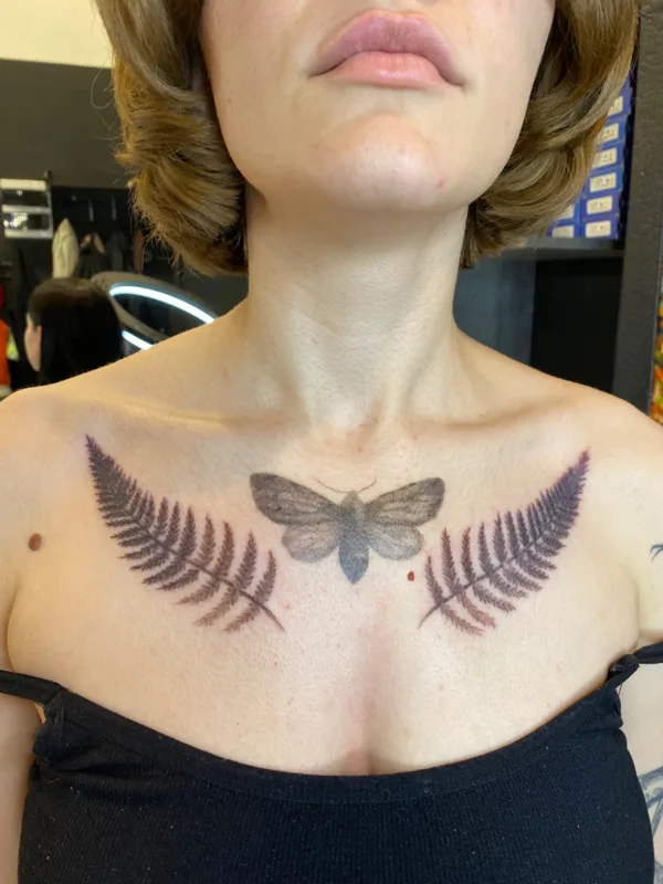 female black and grey botanic tattoo on chest #68834 | Tattoo Artist Елена Коротких