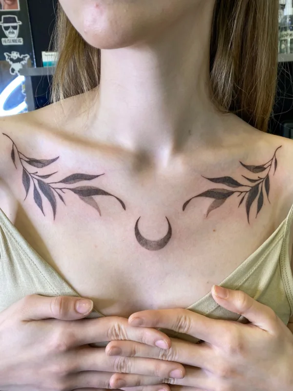 female black and grey linework tattoo on chest #68832 | Tattoo Artist Елена Коротких