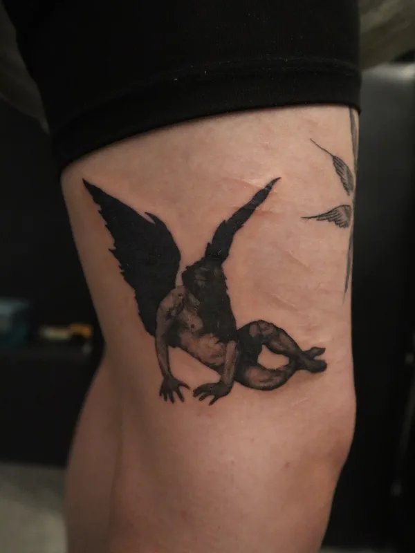 black and grey blackwork tattoo on thigh #68841 | Tattoo Artist Елена Коротких