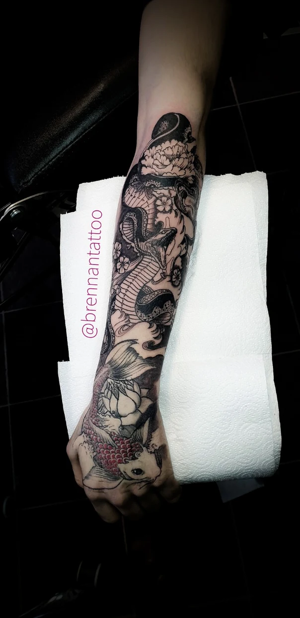 Japanese Snake, Koi tattoo on Full Sleeve