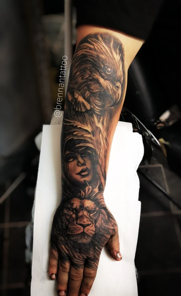 Realism Lion, Eagle tattoo on Full Sleeve