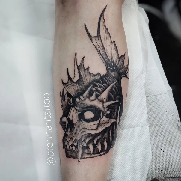 Blackwork Skull, Fish tattoo on Calf