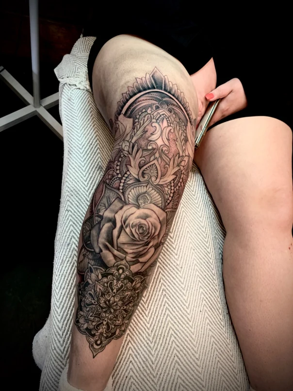 Ornamental Mandala, Rose tattoo on Thigh