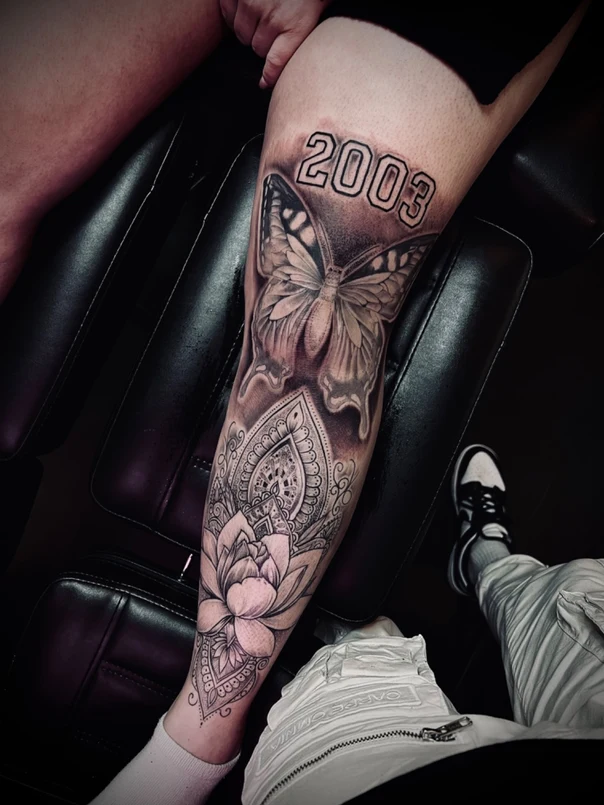 Black & Grey Butterfly, Lotus tattoo on Thigh