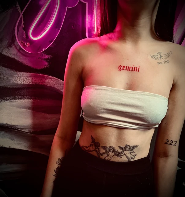 Lettering Angel, Zodiac tattoo on Chest