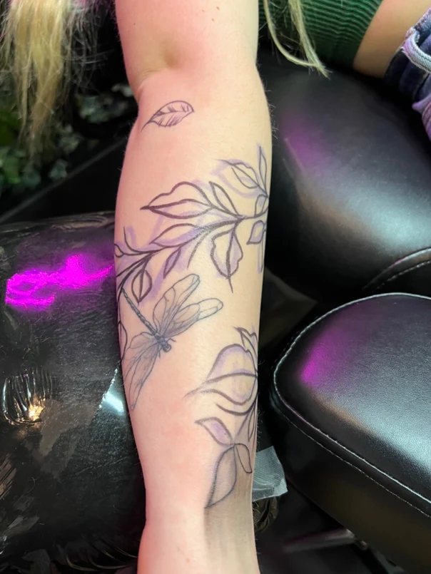 Linework Leaves, Dragonfly tattoo on Forearm