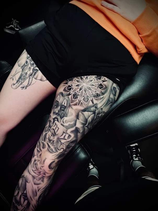 Black & Grey Mandala, Elephant tattoo on Thigh