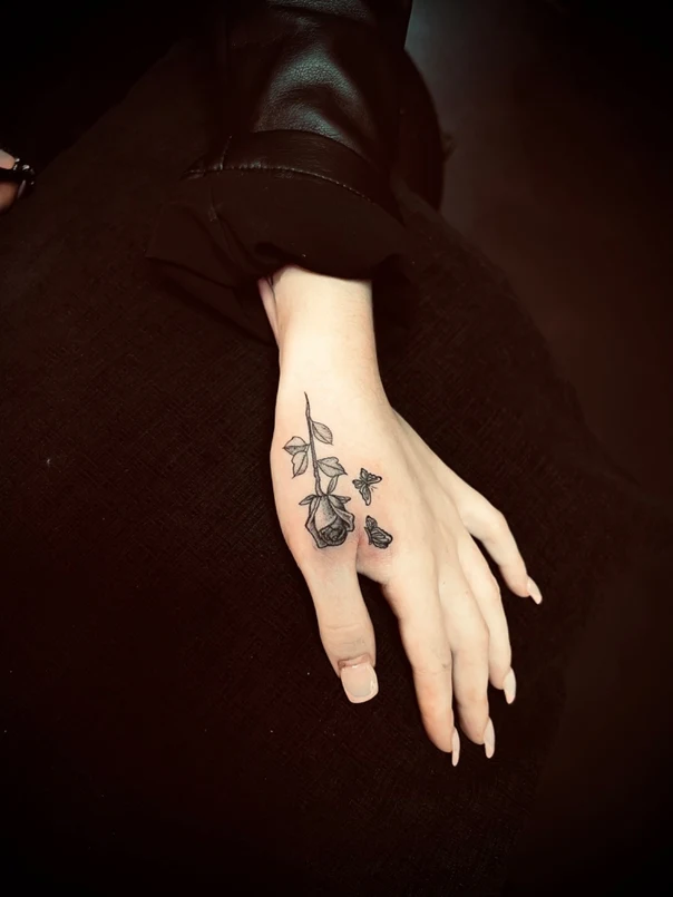 Fineline Rose, Butterfly tattoo on Back of Hand