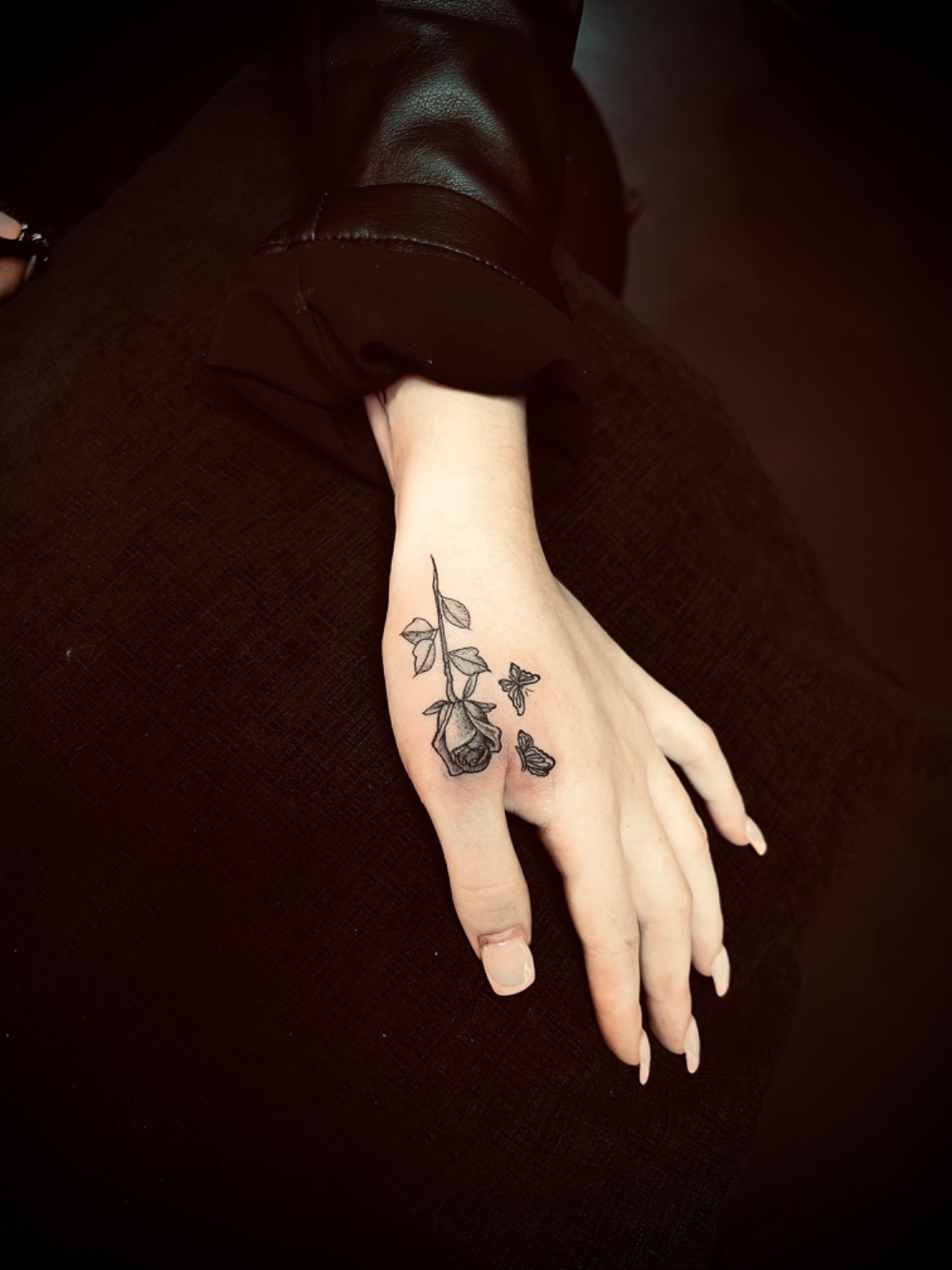 Fineline Rose, Butterfly tattoo on Back of Hand
