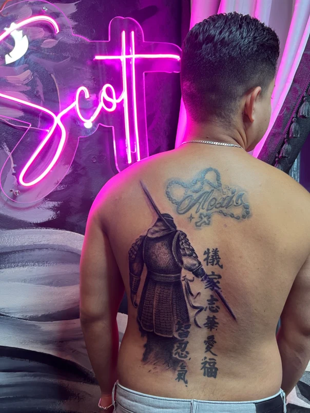Japanese Samurai, Calligraphy tattoo on Upper Back