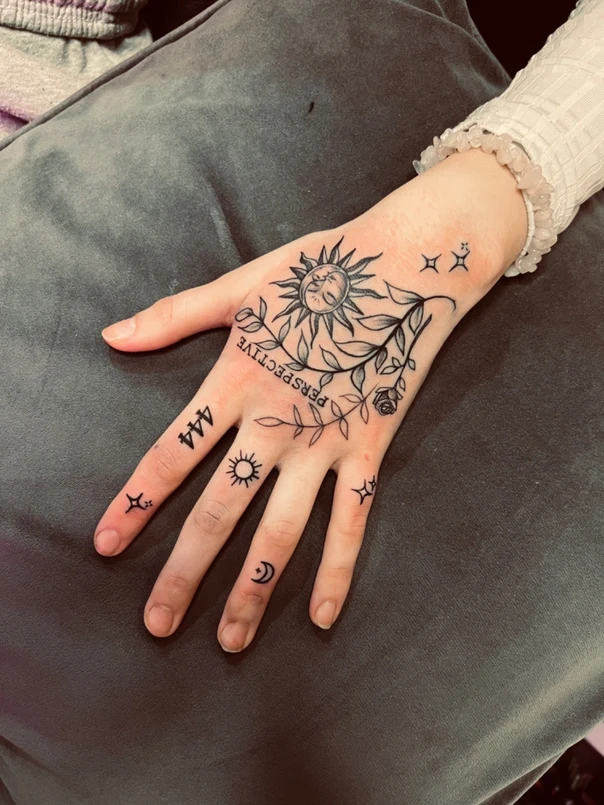 Linework Sun, Moon tattoo on Hand