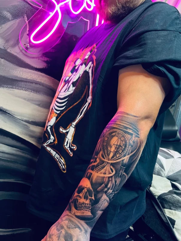 Black & Grey Skull, Hourglass tattoo on Forearm