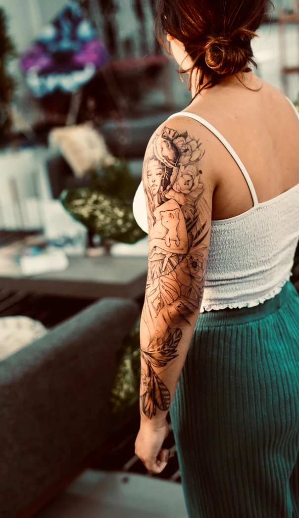 Sketch Floral, Portrait tattoo on Full Sleeve