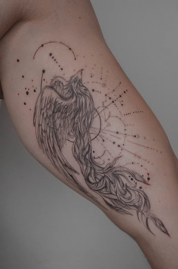 Linework Phoenix, Constellation tattoo on Forearm