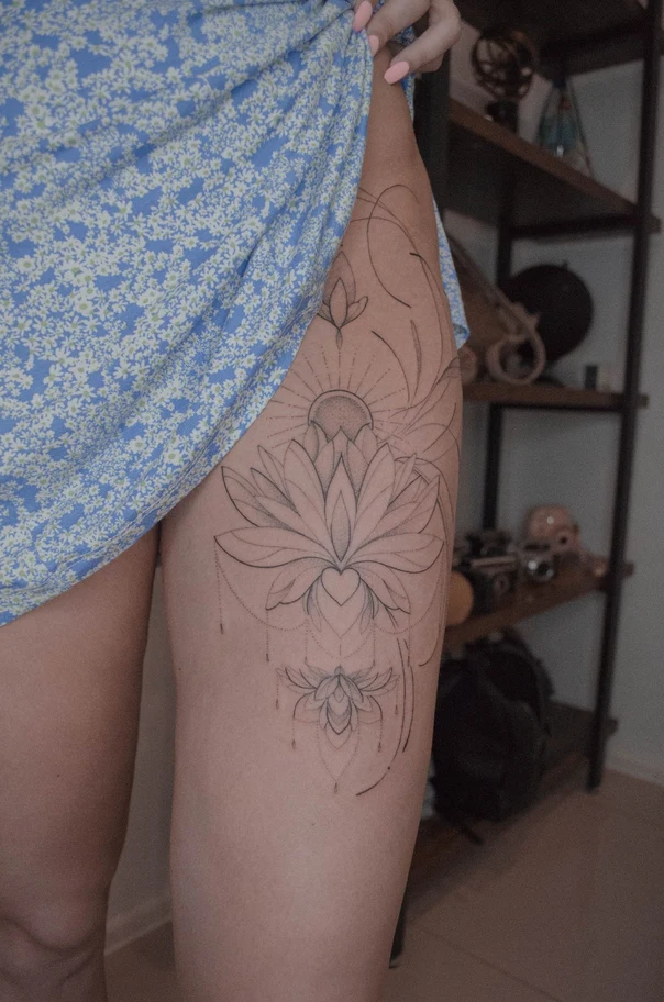 Linework Lotus, Sun tattoo on Thigh